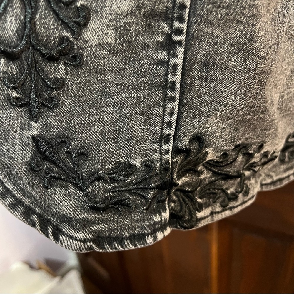 Soft Surroundings Charcoal Embroidered Tunic Military Denim Jacket Black Washed - Picture 10 of 16